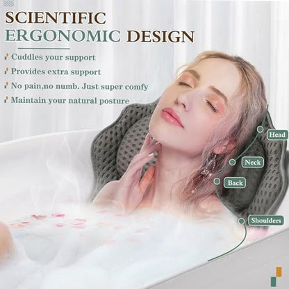 Bath Pillow RUVINCE Ergonomic Luxury Bathtub Pillow with Head,Neck, Shoulder and Back Support, 4D Bath Pillows for tub with 6 Powerful Suction Cups, Fits All Bathtub - color: Grey