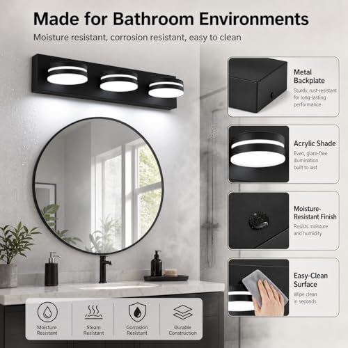 3-Light Bathroom Vanity Light Over Mirror, (24inch Dimmable) Matte Black LED Vanity Lighting Fixtures, Modern Bathroom Wall Light Fixtures with 360°Rotating Lamp Head (Cool White 5500K) - color: Matte Black-Dimmable