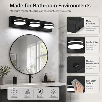3-Light Bathroom Vanity Light Over Mirror, (24inch Dimmable) Matte Black LED Vanity Lighting Fixtures, Modern Bathroom Wall Light Fixtures with 360°Rotating Lamp Head (Cool White 5500K) - color: Matte Black-Dimmable
