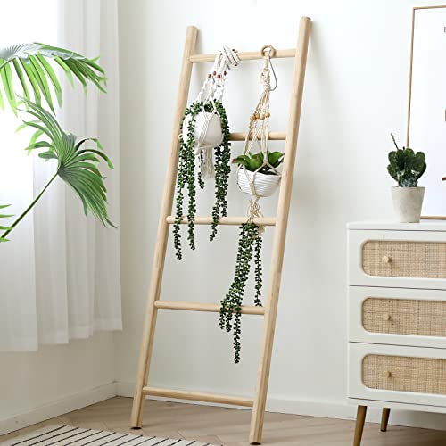 FUIN Blanket Ladder, 57in Rustic Bamboo Decor Quilt Display Rack | 5 rungs, farmhouse living room holder, organize clothing and scarf, leaning wall, bathroom and bedroom use