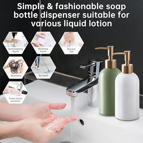 Refillable Soap Dispenser for Kitchen Sink,Small Gold Ceramic Lotion Pump Bottle for Bathroom Countertop Sink, Round Hand Soap Dispenser Bottle with Golden Stripe for Laundry Shower Liquid (Green) - color: Green