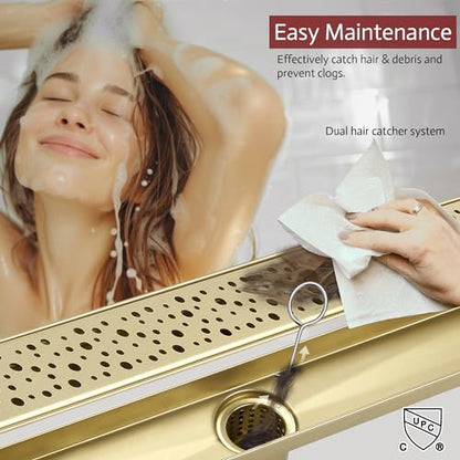 Linear Shower Drain, 24 inch Brushed Gold | Including Hair Catcher and Removable Grate, 304 Stainless Steel, Easy to Install and Clean (Drain Base Not Included) - color: Brushed Gold, size: 24 inch