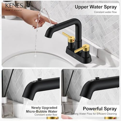 Black and Gold Pull Down Centerset Bathroom Faucet 3 Hole 2 Handle | Pull Out Bathroom Faucet with Pop Up Drain & Supply Lines, Lead-Free cUPC & NSF Certified, 4 Inch Faucet for Vanity RV Sink - color: Black & Gold
