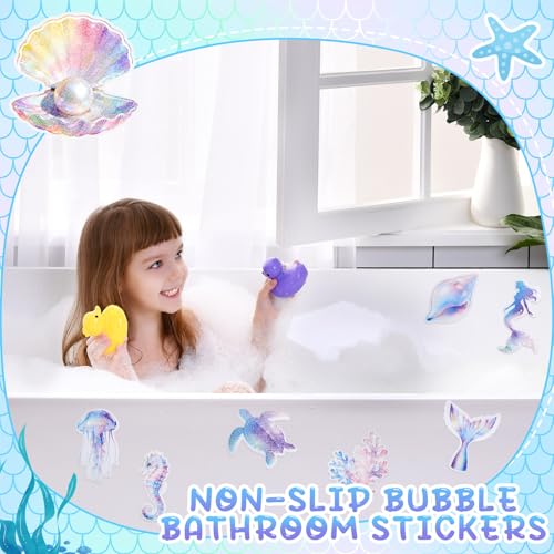 Fullhawl 30 Pcs Mermaid Non Slip Bathtub Stickers Colorful Mermaid Anti Slip Shower Stickers Shower Floor Nonslip Sticker Applique Adhesive Decals Treads with Scraper for Bathtub Bathroom Floor - style: Mermaid