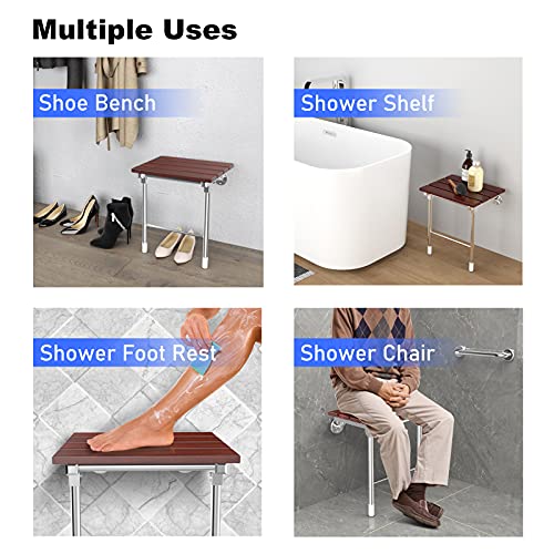 Folding Shower Seat Wall Mount, Foldable Wall Wood Shower Chair Bench for Seniors, Bathroom Safety Shower Stool for Small Shower