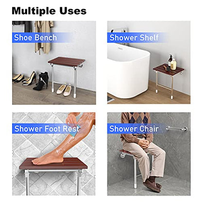 Folding Shower Seat Wall Mount, Foldable Wall Wood Shower Chair Bench for Seniors, Bathroom Safety Shower Stool for Small Shower