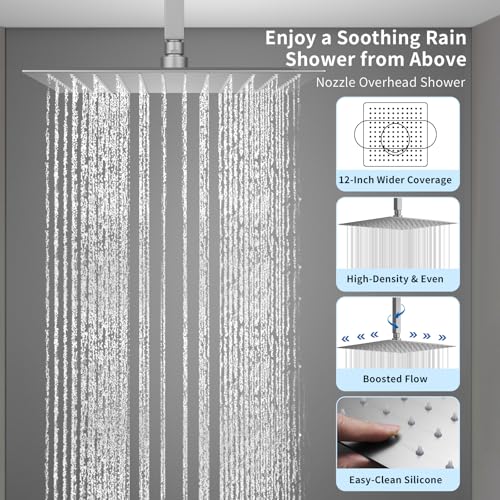 Dual Shower Mixer 6 Way Full Body Shower Head System Rain 12+8+8 Inch With Wall Mount 6 Pcs Jets 2 Handheld Shower Diverter Valve Digital Display Fauct Set, Brushed nickel - color: Brushed Nickel