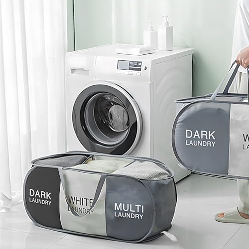 Pop Up Laundry Hamper 3 Section, Collapsible Laundry Basket with Carry Handles for Home, Laundry Room, Bedroom, Dorm, RV Travel (Black & Grey & Beige - 3 Compartments)