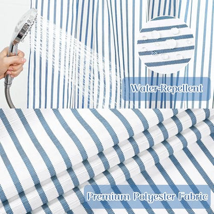 ASPMIZ Farmhouse Striped Shower Curtain and Liner Set No Hook, Blue 71x74 | No Hook Shower Curtain with Snap in Liner Fabric, Rustic Washable Waterproof Bathroom Curtains with Button, Mesh Top Window - color: Blue Striped, size: 71"W x 74"L (Pack of 1), s