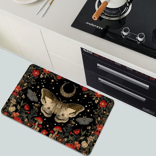 Bath Mat-Bathroom Rug，Moth Moon Mushrooms Flowers Non Slip Quick Dry Stain Resistant Easy to Clean Care Shower Rug for Bathtub Shower Room 17×27.5Inch (43 * 70cm) - color: Moth Moon Mushrooms Flowers, size: 17 x 27.5 inches