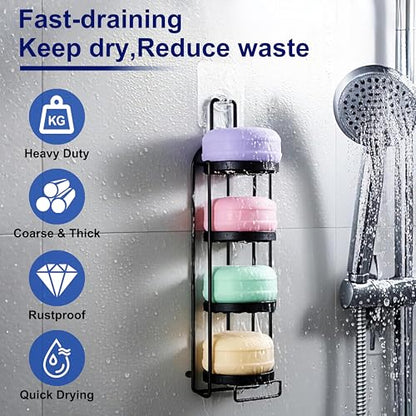 4 Tier Soap Dish for Shower, Wall Mounted Bar Soap Holder with Caddy Adhesive, Self Adhesive & Freestanding Draining, for Storage of Shampoo Bar, Razor, No Drilling, Black, 1Pack