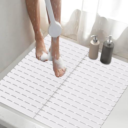 Shower Mat Non-Slip Bath Mat for Tub and Shower Stall,200+ Suction Cups with Drain Holes, Quick Dry Machine Washable, Extra Grip for Stand Up Showers, Bathroom Essentials 24x24 Inch (White) - color: White