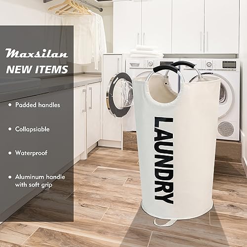 Maxsilan 125L X-Large Laundry Basket Bag, Collapsible Tall Hamper, Beige | Freestanding tall laundry bag & foldable washing basket. Extra large clothes storage bin with durable sturdy handles - color: Beige, size: 125L
