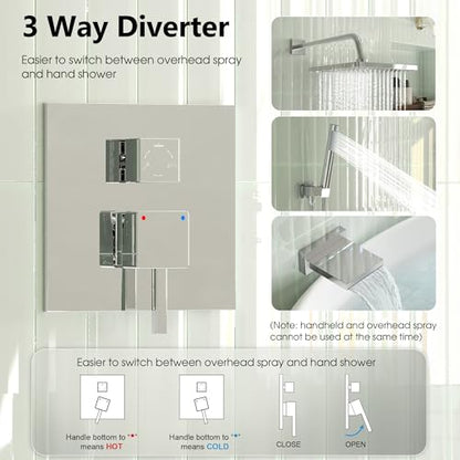 Esnbia Bathtub Shower Faucet Set, Rain Shower System with Tub Spout, 10 Inches Shower Heads with Handheld Spray Combo, Wall Mounted Shower Fixtures with Shower Valve kit, Chrome - color: Chrome