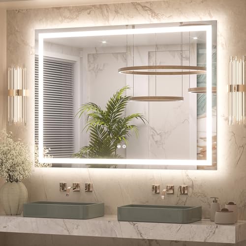 Keonjinn 48x36 Inch LED Bathroom Mirror with Lights, Frontlit & Backlit | HD Tempered Grass, 3-Color Temperature & Stepless Dimmable Lighting, Fast & Safe Defogging, Effortless Installation - size: 36"L x 48"W