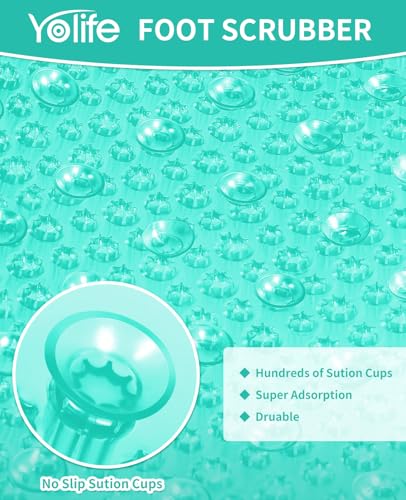 Yolife Shower Foot Scrubber Mat, Anti-Slip Bath Mat with Scrub Bristles, Soft Shower Foot Massager with Strong Suction Cups for Soothe Achy Feet, 25.6" x 13.4" - color: Green, size: 25.6" x 13.4" (Rectangular)