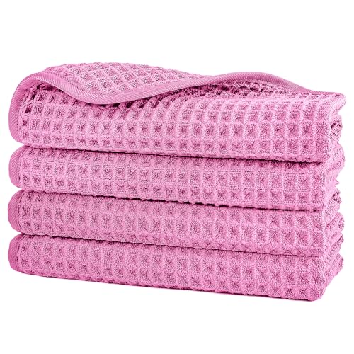 POLYTE 430 GSM Microfiber Lint Free Washcloth Face Towel, 13 x 13 in, 4 Pack (Waffle Weave) - color: Pink