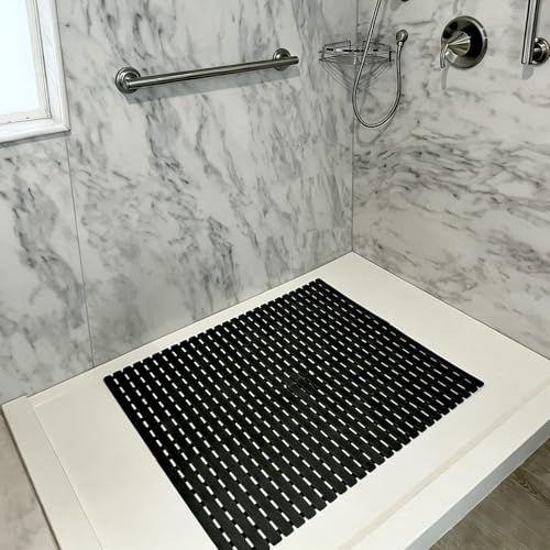 BEMISO Shower Mat Non Slip Bathtub Mat with Suction Cups and Drain Holes 37.4 x15.7 Inch Bath Mat for Tub & Shower.Easy Dry,Easy to Cut,Eco-Friendly - color: Black, size: 37.4 x 15.7 inches