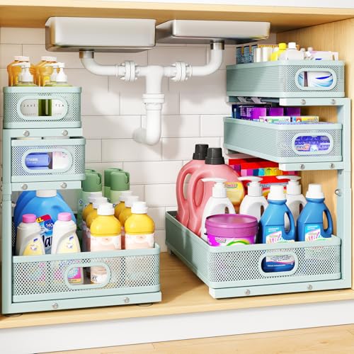 Under Sink Organizer, 3-Tier Thickened Metal Pull out Cabinet Organizer Shelf, Height Adjustable Slide out Storage Drawer Rack for Kitchen Bathroom Pantry Laundry Home, 2-Pack, LightBlue | 35% Extra Storage Capacity, Carbon Steel, Hold Up 55lbs, Suction C