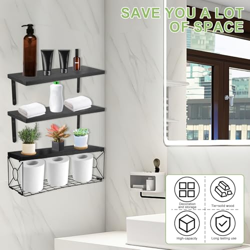 Floating Shelves with Wire Storage Basket, Bathroom Shelves Over Toilet with Protective Metal Guardrail, Versatile Storage Function Hanging Storage Wall Shelf for Bathroom, Bedroom, Living Roomv