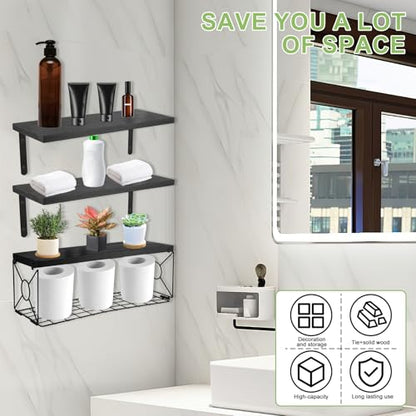 Floating Shelves with Wire Storage Basket, Bathroom Shelves Over Toilet with Protective Metal Guardrail, Versatile Storage Function Hanging Storage Wall Shelf for Bathroom, Bedroom, Living Roomv