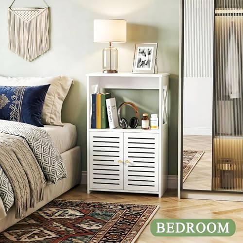 BYFU 3-Tier Bathroom Floor Cabinet with Door and Shelf, 14.2" W x 24.4" H | White Small Storage, Freestanding Organizer, for Living Room, Hallway, Kitchen, Easy Assembly