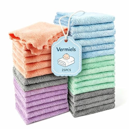 25 Pack Baby Washcloths, Microfiber Coral Fleece 7 x 9 Inch | Highly Absorbent Quick Dry Baby Bath Face Towel, Baby Face Skin Wash Cloths Towels Set for Newborns and Toddlers