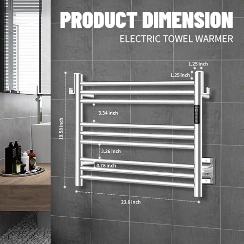 K&KALONZO Wall-Mounted 9-Bar Heated Towel Rack, Fast Heat in 2 Min, NTC Safety | 4 Timers & 3 Heat Levels Control, Plug-In/Hardwired, Top Hooks, Memory Function, Anti-Scald, Stainless Steel, EL13SP - color: Polished, size: H 19.7 x W 23.6