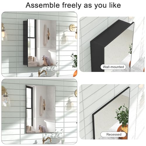 18x14 Inch Bathroom Medicine Cabinet with Mirror, Pre-Assembled Bathroom Medicine Cabinets, Surface/Recessed Wall Mounted Farmhouse Large Medicine Cabinet, Black - color: Black, size: 14 x 18