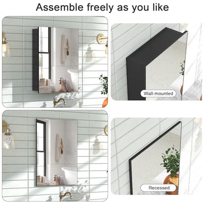 18x14 Inch Bathroom Medicine Cabinet with Mirror, Pre-Assembled Bathroom Medicine Cabinets, Surface/Recessed Wall Mounted Farmhouse Large Medicine Cabinet, Black - color: Black, size: 14 x 18