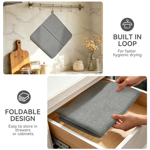 Dish Drying Mat for Kitchen Counter, Absorbent Dish Mat，Grey 16x24 | Ultra Absorbent & Fast Drying, Machine Washable Foldable Kitchen Drying Dry Pad for Countertops, Sinks, Draining Racks - size: 16" x 24"