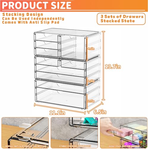 3 Pack Clear Storage Drawers With 10 Drawers,Stackable 11.1” Large Acrylic Drawer Organizer and Makeup Organizer For Vanity,Bathroom Countertop,Cabinet,Pantry,Office Supply Storage Bins Drawers - size: Large 10 Drawers