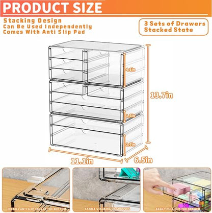 3 Pack Clear Storage Drawers With 10 Drawers,Stackable 11.1” Large Acrylic Drawer Organizer and Makeup Organizer For Vanity,Bathroom Countertop,Cabinet,Pantry,Office Supply Storage Bins Drawers - size: Large 10 Drawers