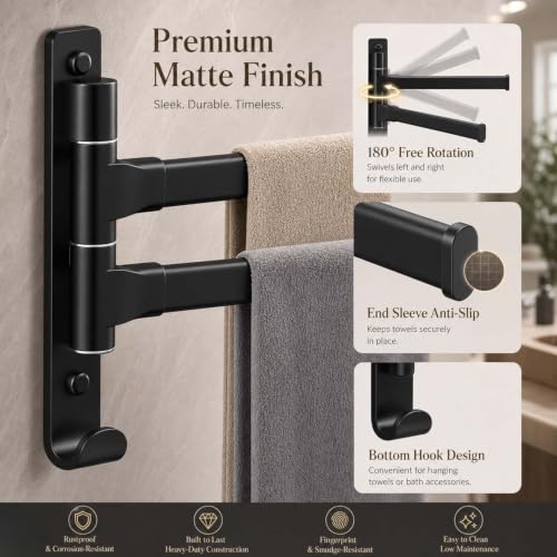 2-5 Arms Swivel Towel Rack Bath Towel Holder with Hook Swing Arm Towel Rack Wall Mount for Bathroom Kitchen-Black 2Arm - color: Black, size: 2-arm