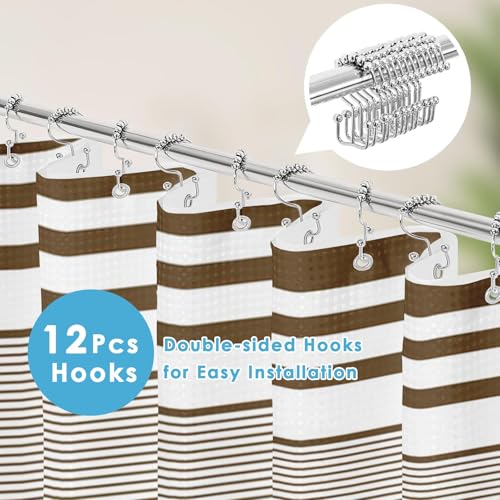 3 in 1 Shower Curtain and Liner,72 x 72 inch, Striped Brown | Blue Rustic Neutral Modern Double Layers Waterproof Fabric with See Through Top Window Open Grommet Bath Curtain - color: Brown Striped