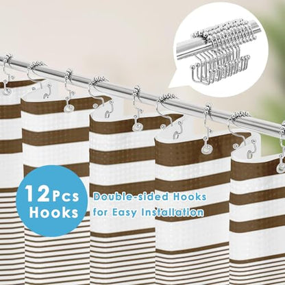 3 in 1 Shower Curtain and Liner,72 x 72 inch, Striped Brown | Blue Rustic Neutral Modern Double Layers Waterproof Fabric with See Through Top Window Open Grommet Bath Curtain - color: Brown Striped