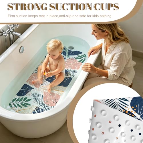Green Leaf Bathtub Mat Non Slip with Drain Holes and Suction Cups Bath Mat 40x16 Inch Tub Mats Shower Mats for Kids - color: Green Leaf