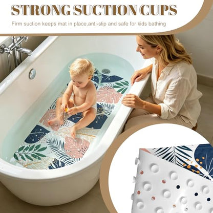 Green Leaf Bathtub Mat Non Slip with Drain Holes and Suction Cups Bath Mat 40x16 Inch Tub Mats Shower Mats for Kids - color: Green Leaf