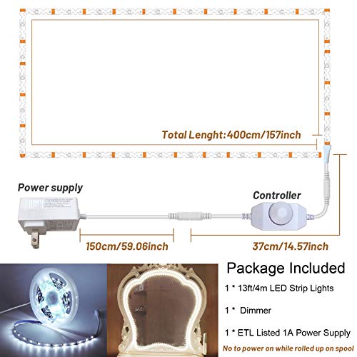13ft/4M Led Vanity Mirror Lights Kit Bendable NO Need to Cut Vanity Make-up Mirror Cloakroom Adjustable Flexible Strip Light Table Set with Dimmer and Power Supply - color: White-Base model