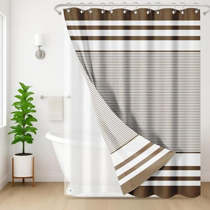 3 in 1 Shower Curtain and Liner,72 x 72 inch, Striped Brown | Blue Rustic Neutral Modern Double Layers Waterproof Fabric with See Through Top Window Open Grommet Bath Curtain - color: Brown Striped