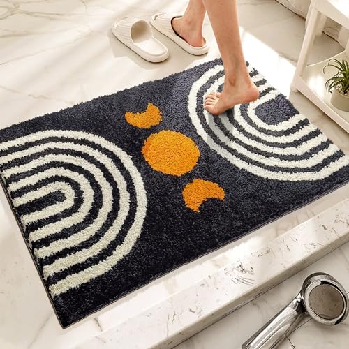 Boho Bathroom Rugs Cute Bohemian Bath Rug Non-Slip Microfiber Abstract Bath Mat for Bedroom Small Carpet Farmhouse Decor Soft Funny Black Washable Rugs for Kitchen Entryway/Washbainy/Shower 16x24 inch - color: Black, size: 1'4" x 2' (Rectangular)