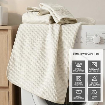 REDKISS Soft 8 Piece Waffle Towel Set, Microfiber, Lighter Weight, Absorbent, Quick Dry, Lint Free Bath Towels for Bathroom, Spa & Hotel – 2 Bath, 2 Hand, 4 Washcloths, Cream - color: Cream