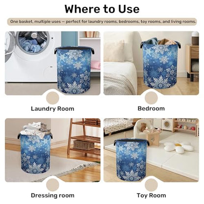 Winter Snowflakes Large Clothes Hamper Bag - Laundry Basket with Handles, Space Saving Foldable Design for Nursery - color: Winter Snowflakes