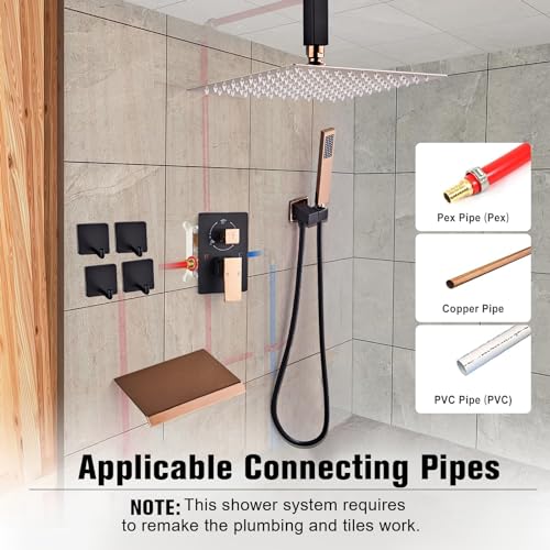 12 Inch Ceiling Mount Shower System Matte Black Gold Rain Mixer Shower Combo Set High Pressure Rainfall Shower Head System Bathroom Luxury Shower Faucet Set Rough-in Valve and Trim Included - color: Matte Black & Gold, style: 12 Inch-Update Valve