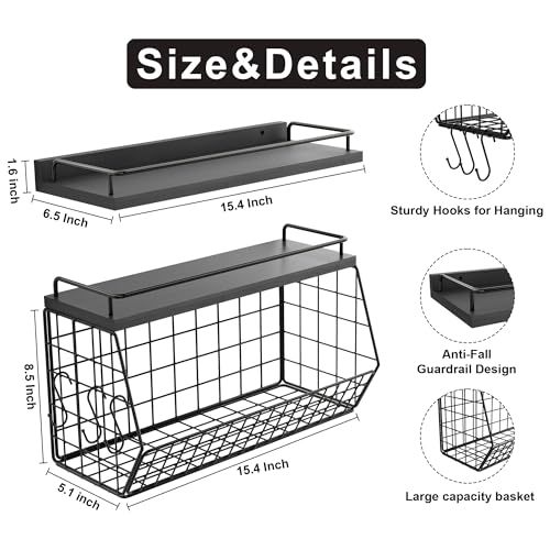 Bathroom Shelves Over Toilet Wall Mounted Floating Shelves with Wire Basket and Hooks Metal Shelf Organizer for Bathroom, Bedroom, Living Room, Kitchen, Home Storage