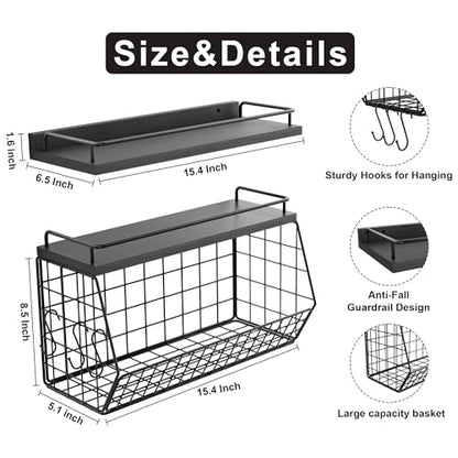 Bathroom Shelves Over Toilet Wall Mounted Floating Shelves with Wire Basket and Hooks Metal Shelf Organizer for Bathroom, Bedroom, Living Room, Kitchen, Home Storage