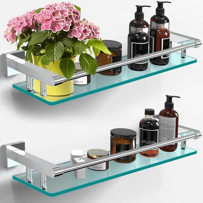 Glass Shelves for Bathroom, 20IN Rectangular Chrome Stainless Steel Tempered Glass Shelf Wall Mount Shelf Sink Over Toilet Modern Bathroom (Chrome Polished, 20‘’) - color: Chrome Polished, size: 20'' with Railing