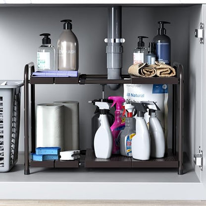 Simple Houseware Under Sink 2-Tier Heavy Duty Expandable Organizer, Bronze | Adjustable Width 15.75–25 Inches with 4 Shelf Height Levels - color: Bronze