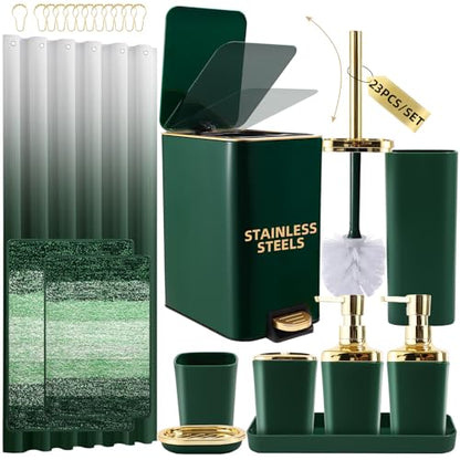 Bathroom Sets with Shower Curtain and Rugs Bathroom Accessories Set Dark Green Bathroom Set,Soap Dispenser & Toilet Brush Holder Set with Stainless Steel Trash Can(23 PCS) - size: Dark Green, style: Bath Set+Ombre Waffle Shower Curtain+Bath Rugs