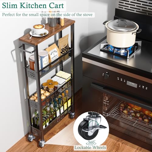 XYZLVSI Utility Slim Storage Cart on Wheels, 4 Tier Laundry Room Organizers | 5" W narrow shelf for small spaces, skinny rolling cart with wooden top and metal handle for kitchen/bathroom/Office/Dorm - size: 16.7"Dx5.0"Wx34"H